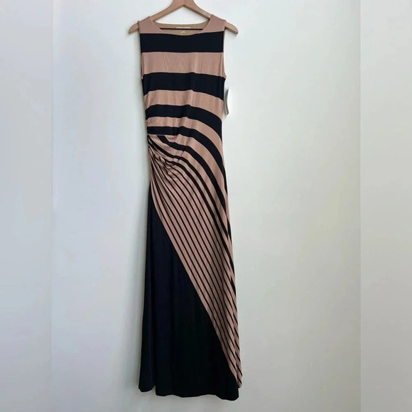 NWT Soft Surroundings “Here To Infinity” Striped Maxi Dress Black/Tan Small 6-8 - Picture 2 of 13